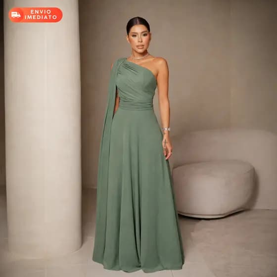 Vestido Feminino Longo Tule  Calda Uma Manga Sem Brilho Mula Manca Madrinha Casamento Festa Izabel