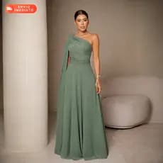 Vestido Feminino Longo Tule  Calda Uma Manga Sem Brilho Mula Manca Madrinha Casamento Festa Izabel