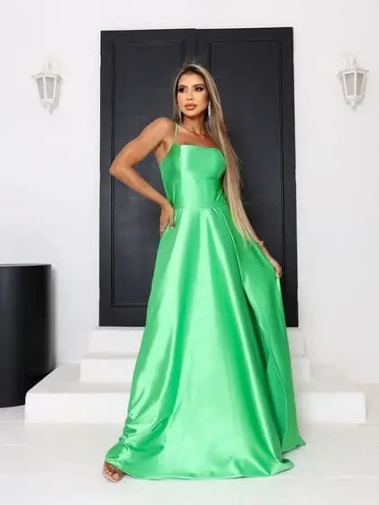 Vestido Yasmin Festa Longo Verde Lima Fenda Lateral Acetinado