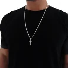 Correntinha Corrente Masculina Fina Piastrini Banhada A Prata 925 Cordão + Pingente Cruz 2mm
