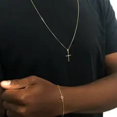 Conjunto Colar Masculino Corrente Veneziana + Pulseira Masculina Banhado a Ouro 18K Com Pingente Cruz Palito