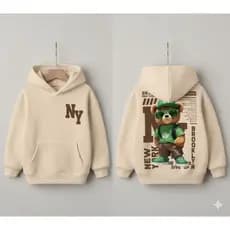 Moletom com Capuz de Manga Longa Confortável com Estampa de Urso Cartoon NY Minimalista para Meninos