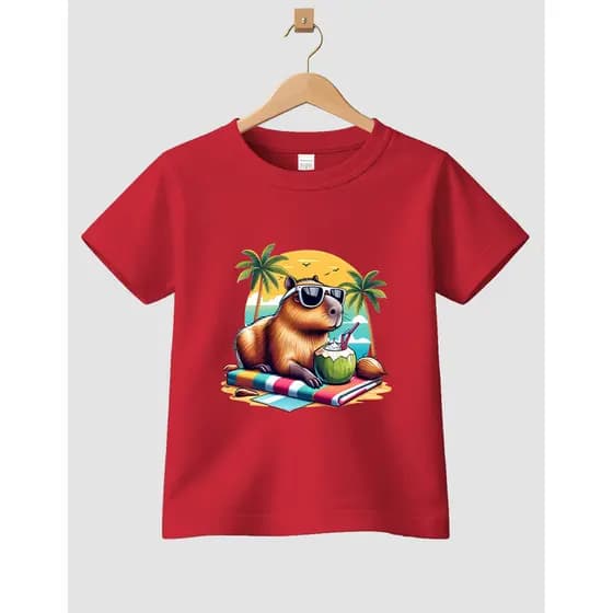 Camiseta Infantil De Algodão Estampa Capivara Praia Casual