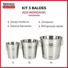 Kit 3 Baldes de Gelo Aço Inoxidável Refrigeração Rápida Cerveja Champanhe Vinho 1L, 3L e 6L