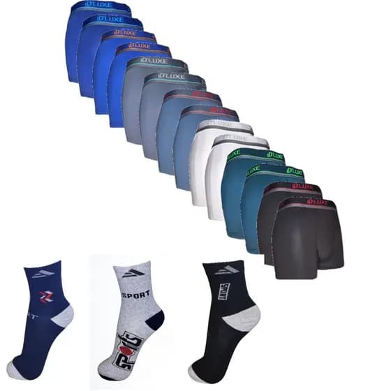 Kit 10 Cuecas Box Boxer Masculino + Kit 12 Pares Meia Cano Alto Masculina