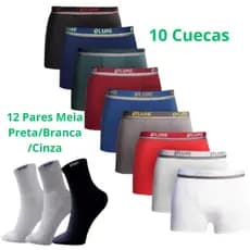 Kit 10 Cueca Boxer Box Microfibra Premium+12 Pares de Meia Cano Alto Preta/Branco/Cinza