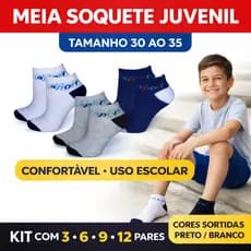 Meia Soquete Juvenil Masculina 30 ao 35 Kit 3, 6, 9, 12 Pares Escolar Confortável Cano Curto