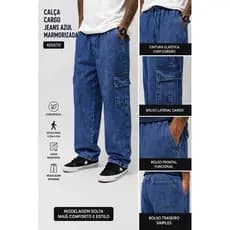 Calça Cargo Jeans Masculina Adulto  Streetwear Cintura Elástica Com Cordão Bolsos Laterais