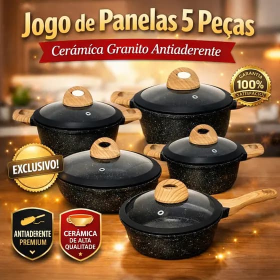 Jogo de Panelas 5 Peças Antiaderente Cerâmica Granito com Tampa de Vidro – Panela e Frigideira