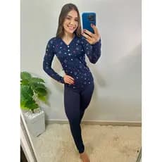 Pijama Feminino inverno canelado casual Blusa Manga Longa com Botão Calça 066