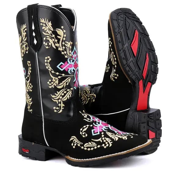Bota feminina Texana  Montaria  Cano Alto Country Bico Quadrado Em Couro