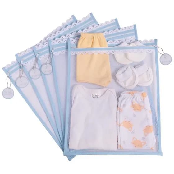 Kit c / 5 Saquinhos Maternidade (AZUL BEBÊ ) Tule com TAG ACRÍLICA e ZÍPER Organizadores 30x35 cm