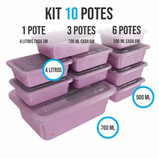 kit 10 potes plastico hermeticos cozinha 4 litros, 700ml e 500ml cozinha c/tampa transparente