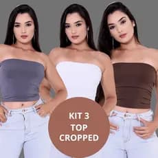 Kit 3 Cropped Feminino Top Faixa Tomara Que Caia Suplex Forro Duplo