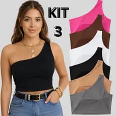 Kit 3 Croppeds nula manga forrado Um Ombro Só colorida Malha Suplex carnaval