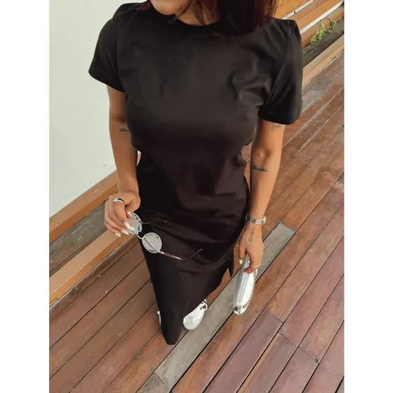Vestido Feminino Midi Básico Gola Redonda Liso 100% Algodão