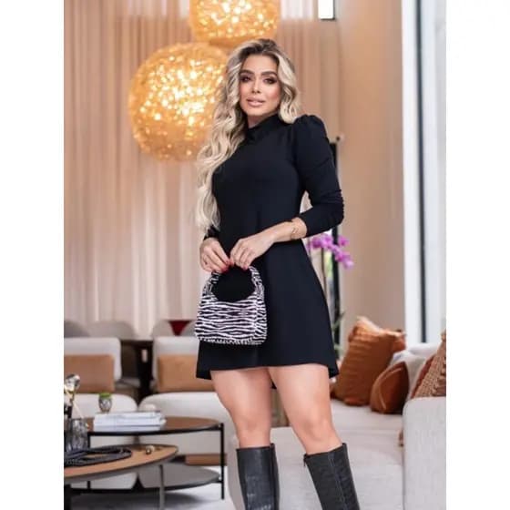 Vestido gola alta manga longa curto tendência