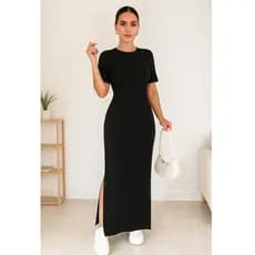Vestido Longo Preto Feminino de Manga Curta Elegante