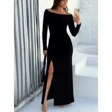 Vestido Longo de Manga Comprida com Ombro Caído e Fenda Lateral Alto
