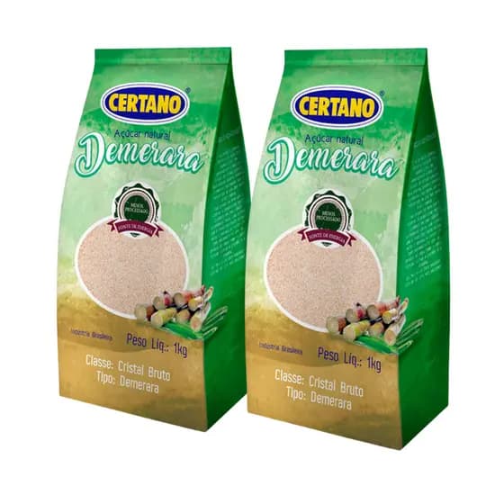 2 Pacotes Açucar Demerara Pacote 1kg Cada Certano Produto Menos Processado
