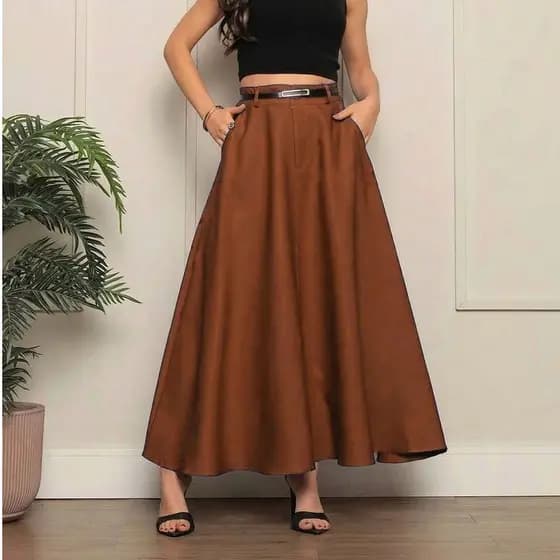 Saia Longa Alfaiataria Moda Evangélica Casual Básica Inverno Cintura Alta  Com Cinto