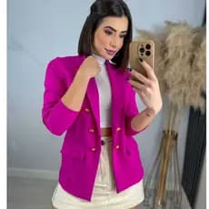 Blazer Feminino Casaquinho Alfaiataria Longo Sobretudo Casaco Social Com Botão e bolso fake
