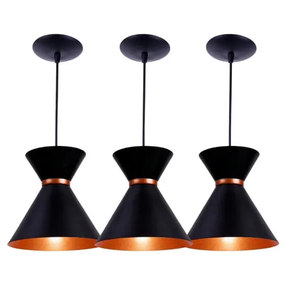 Kit 3 Luminárias Luxo em alumínio Preto com Cobre Decoração Casa, sala quarto, Area de lazer