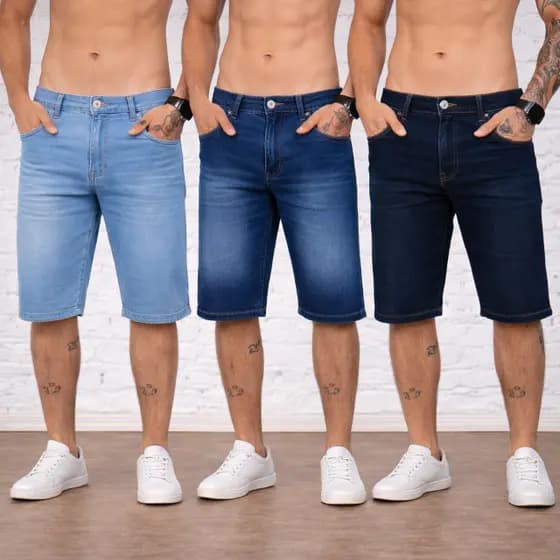 Kit 3 Bermudas Jeans Masculina Lycra Elastano