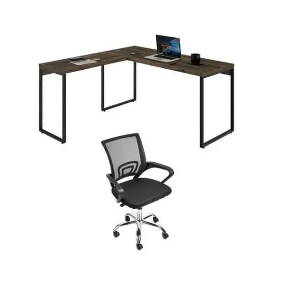Conjunto 2 Peças com Mesa para Escritorio em L Industrial 150cm Kuadra e Cadeira de Escritório Diretor Tok Carvalho