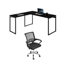 Conjunto 2 Peças com Mesa para Escritorio em L Industrial 150cm Kuadra e Cadeira de Escritório Diretor Tok Onix Preto