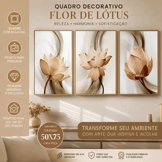 TRIO DE QUADROS FLOR DE LOTUS SALA QUARTO DECORATIVOS COM MOLDURA GRANDE 50 X 75 CM