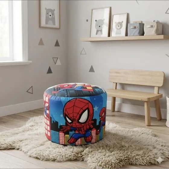LANÇAMENTO !!! PUFF BANQUINHO BANQUETA DECORATIVO REDONDO INFANTIL HOMEM ARANHA CITY QUARTO BEBE