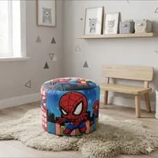 LANÇAMENTO !!! PUFF BANQUINHO BANQUETA DECORATIVO REDONDO INFANTIL HOMEM ARANHA CITY QUARTO BEBE