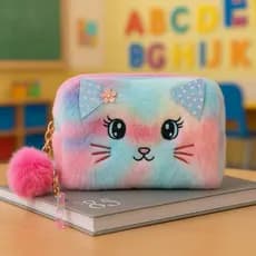 Estojo Escolar Feminino Gatinho Pelúcia Orelhinhas Personalizado, Estojo Escolar Fofo de Gatinho