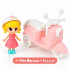 Mini Boneca Scooter Infantil Rosa Brinquedo Menina Miniatura Decorativa Com Capacete