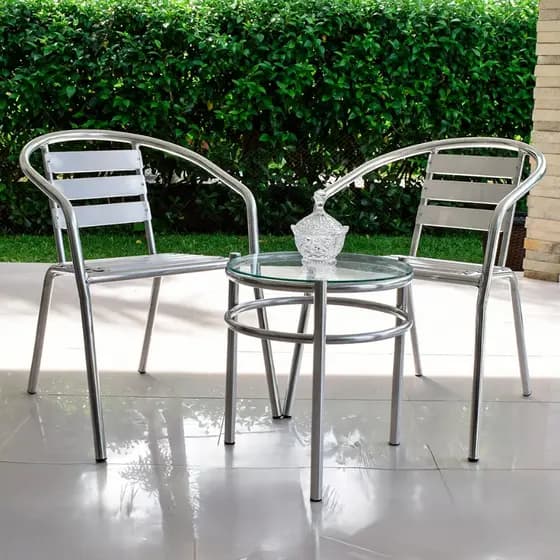 Kit 2 Cadeiras + Mesa Redonda Alumínio Área Externa Varanda Resistente Não Enferruja Empilhavel Piscina Praia Jardim