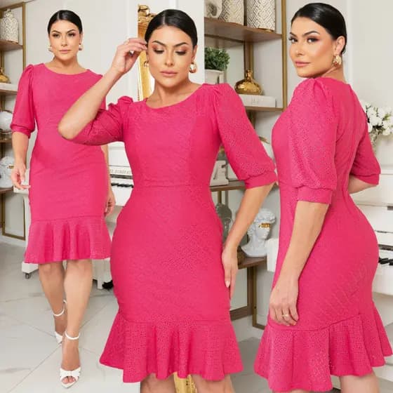 Vestido Moda Evangélica Elegante Babado Malha Laise Premium