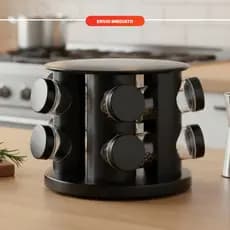 Porta Temperos 6 Potes de Vidro com Base Preta Giratória – Organização e Praticidade para sua Cozinha