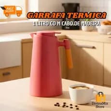 Garrafa Térmica 1L Rosa com Cabo de Madeira para Café, Chá e Água Ideal para Casa, Escritório e Uso Diário