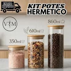 Kit 3 Potes Herméticos com Tampa de Bambu para Armazenar Alimentos Ideal para Cozinha Organização Casa e Uso Diário