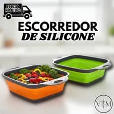 Escorredor de Silicone Dobrável Laranja e Verde para Lavar e Escorrer Alimentos – Ideal para Cozinha, Frutas, Verduras e
