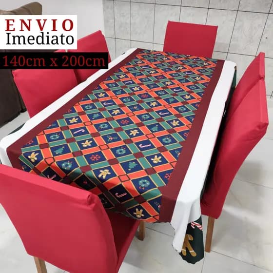 Toalha De Mesa Natal 6 Lugares Toalhas Natalina Papai Noel 140cm x 200cm Vermelha Premium