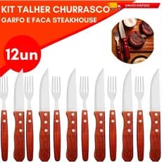 Kit Talher Restaurante 12 Unidades Steakhouse Churrasco Cabo Madeira Lamina Aço Inox Premium