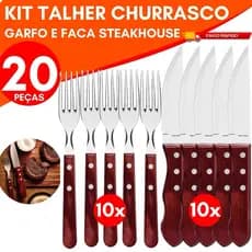Kit 20 Talher Inox Cabo Madeira Garfo e Faca Jumbo Wooden Churrasco Restaurante Premium