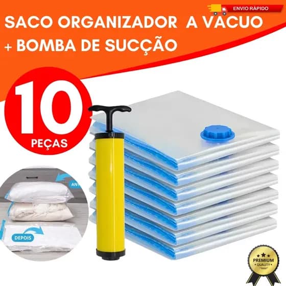 Kit 10/05 Sacos a Vácuo e Bomba de Sucção Manual Organização de Roupas Mala Viagem Guarda Roupas