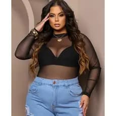 Body Tule Manga Longa Plus Size Versátil Moda Blogueira
