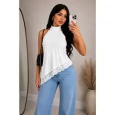 Blusa Assimétrica Feminina Detalhe Renda Na Barra Elegante Casual  Blogueira Sofisticada Versatil