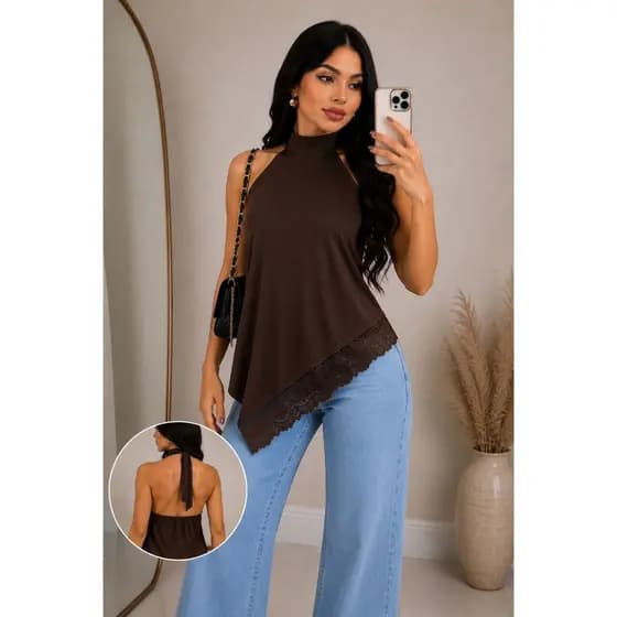 Blusa Feminina Ponta Assimétrica Com Renda Na Barra Elegante Versátil e Confortável.