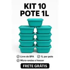 Kit 10 Potes 1L Quadrado Marmitas Microondas Freezer Transparentes BPA Free Organizador de Alimentos Plástico