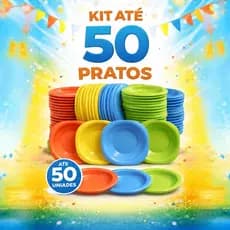 Kit ate 50 Pratos Coloridos Reutilizaveis Resistentes Infantil Festas Empilhavel